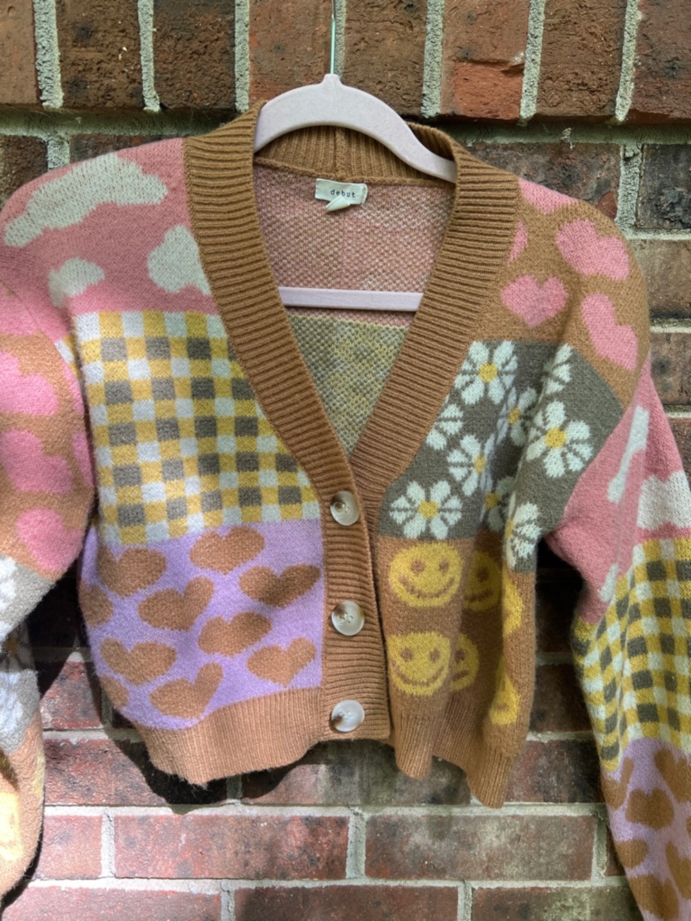Debut Patchwork Knit Cardigan in Pink, Tan, Yellow - Picture 3 of 5
